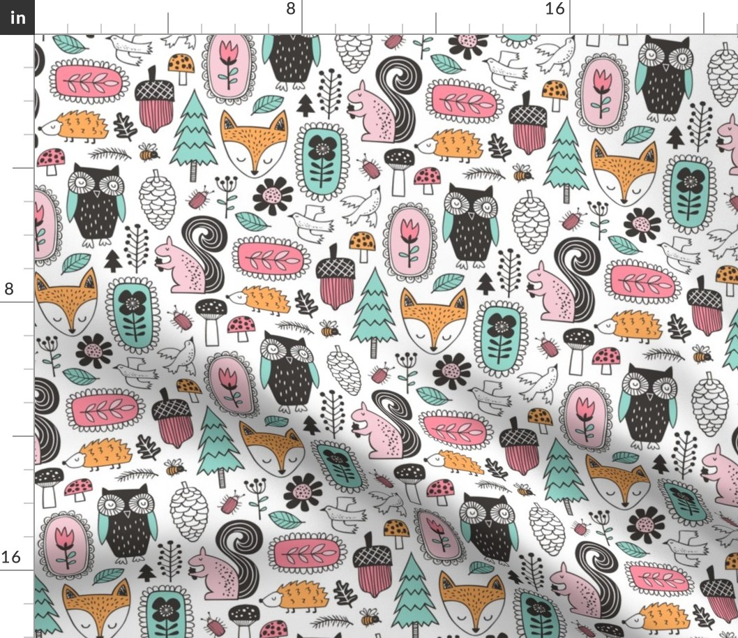 Fall Woodland Forest Doodle with Fox, Owl, Squirrel, Hedgehog,Trees, Mushrooms and Flowers on White