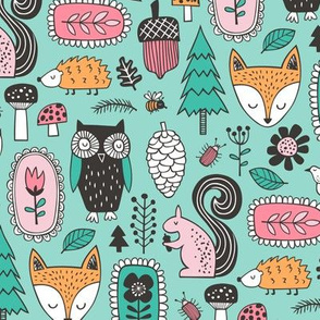Fall Woodland Forest Doodle with Fox, Owl, Squirrel, Hedgehog,Trees, Mushrooms and Flowers on Mint Green