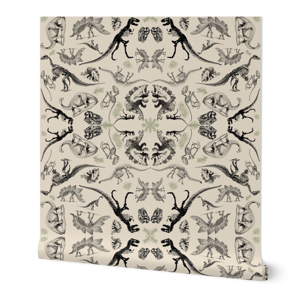 Dinosaur Skeleton and Illustration Kaleidoscope Toile on Cream