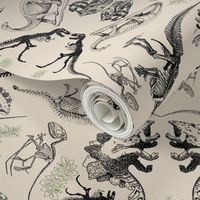 Dinosaur Skeleton and Illustration Kaleidoscope Toile on Cream