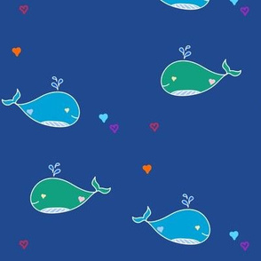 Teal and Green Whales on Blue