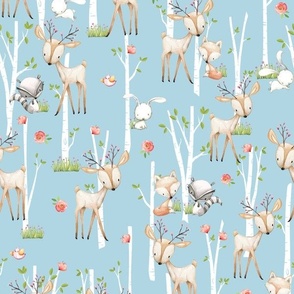 Sweet Woodland Animals (stonewash blue) Deer Fox Raccoon Birch Trees Flowers Baby Girl Nursery Blanket Sheets Bedding