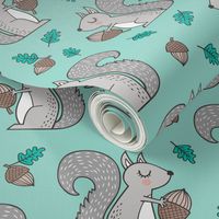 Forest Squirrel Squirrels with Leaves &  Acorn Autumn Fall on Mint Green