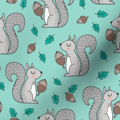 Forest Squirrel Squirrels with Leaves &  Acorn Autumn Fall on Mint Green