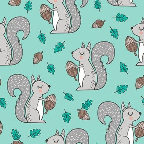 Forest Squirrel Squirrels with Leaves &  Acorn Autumn Fall on Mint Green
