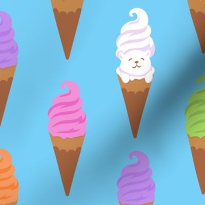 Seamless pattern with colorful gelatoes and waffle cone on the blue background.