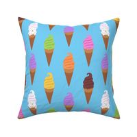 Seamless pattern with colorful gelatoes and waffle cone on the blue background.