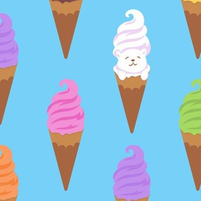 Seamless pattern with colorful gelatoes and waffle cone on the blue background.
