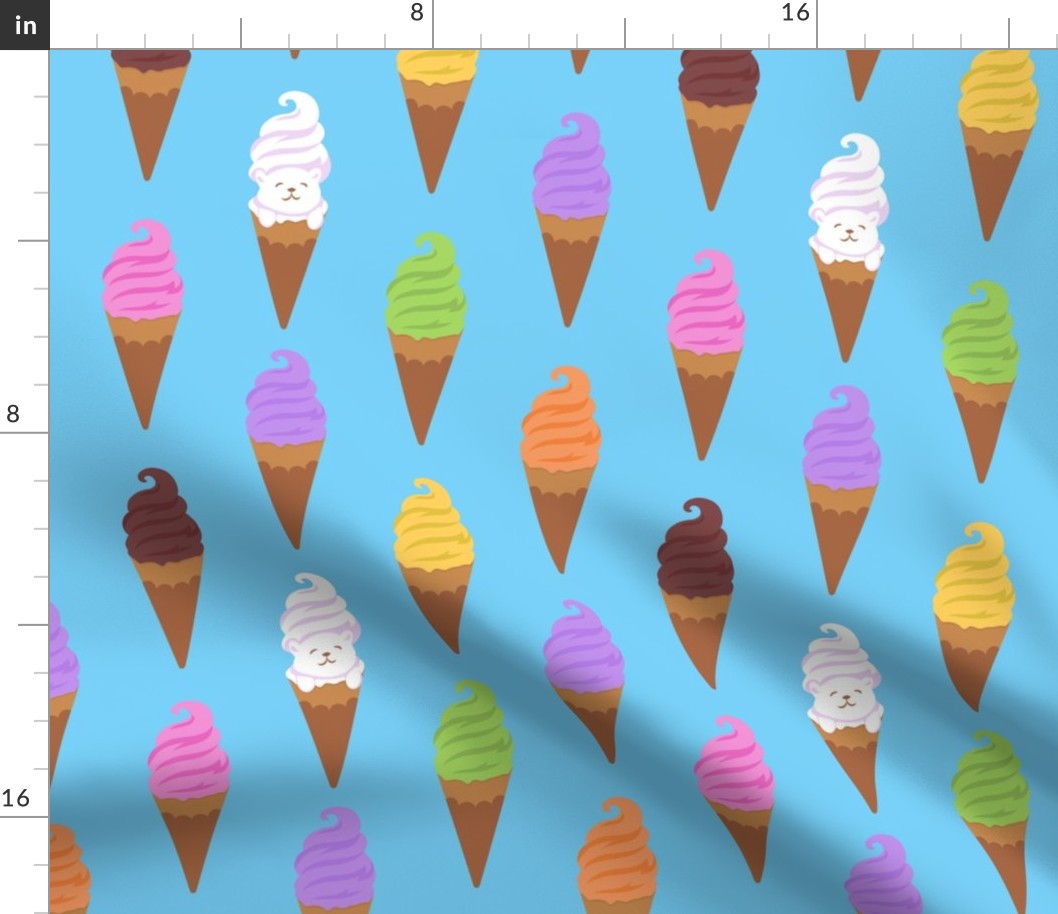 Seamless pattern with colorful gelatoes and waffle cone on the blue background.