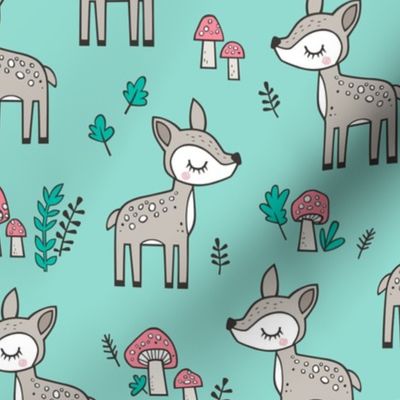 Sweet  Woodland Deer and Mushrooms Forest on Mint Green