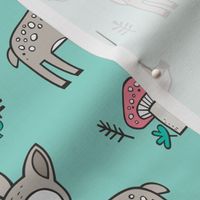 Sweet  Woodland Deer and Mushrooms Forest on Mint Green