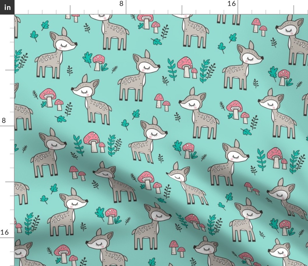 Sweet  Woodland Deer and Mushrooms Forest on Mint Green