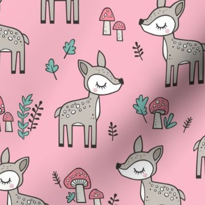 Sweet  Woodland Deer and Mushrooms Forest on Pink