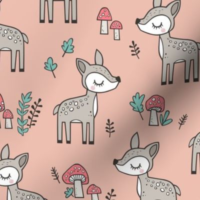 Sweet  Woodland Deer and Mushrooms Forest on Peach