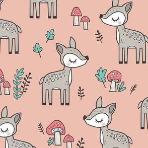 Sweet  Woodland Deer and Mushrooms Forest on Peach
