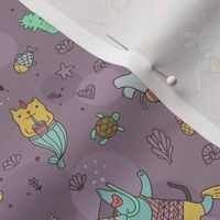 cat mermaids and elephant divers under the sea pattern 