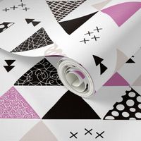 Geometric pastel black and white triangle  abstract memphis style crosses and shapes purple