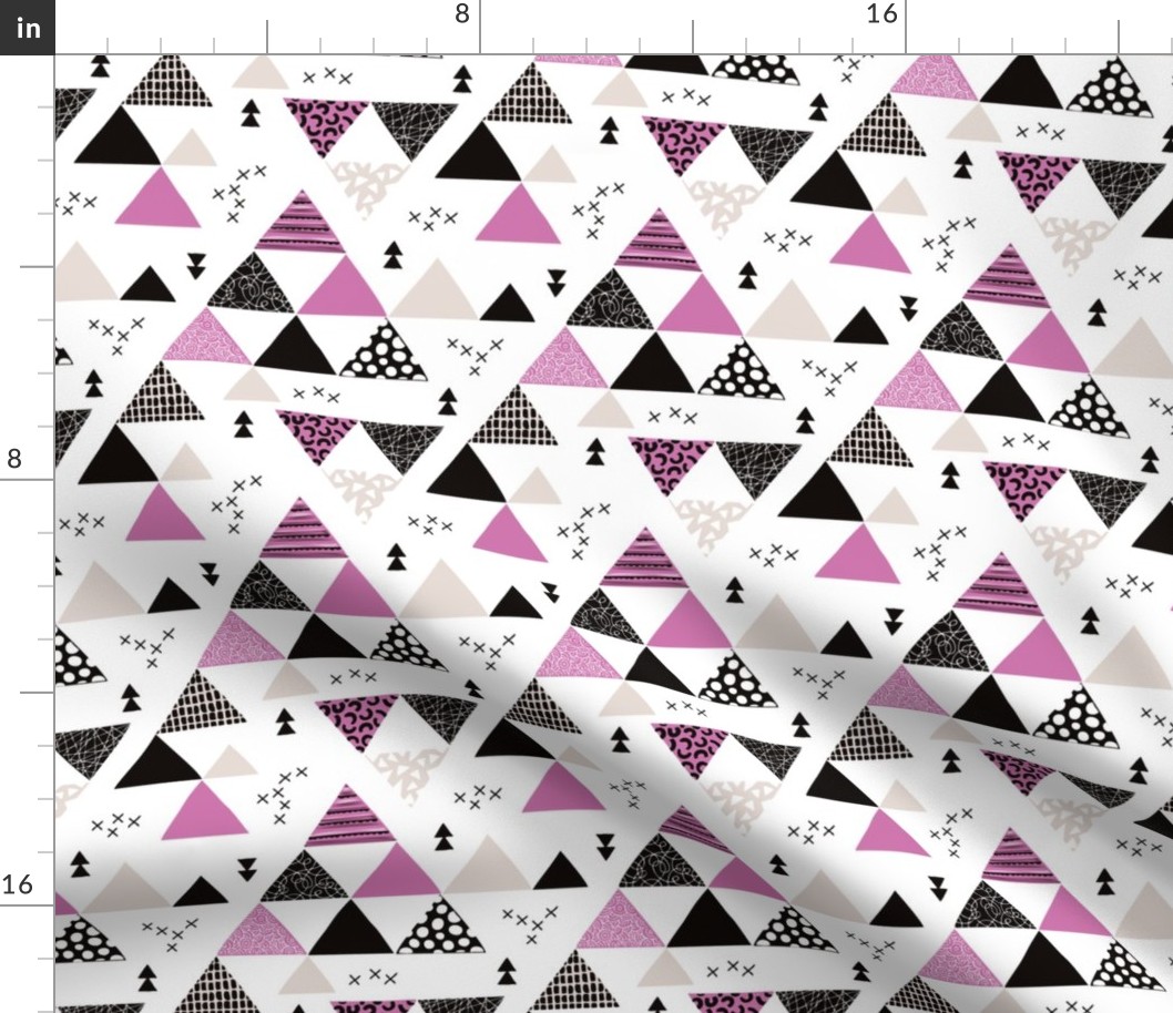 Geometric pastel black and white triangle  abstract memphis style crosses and shapes purple