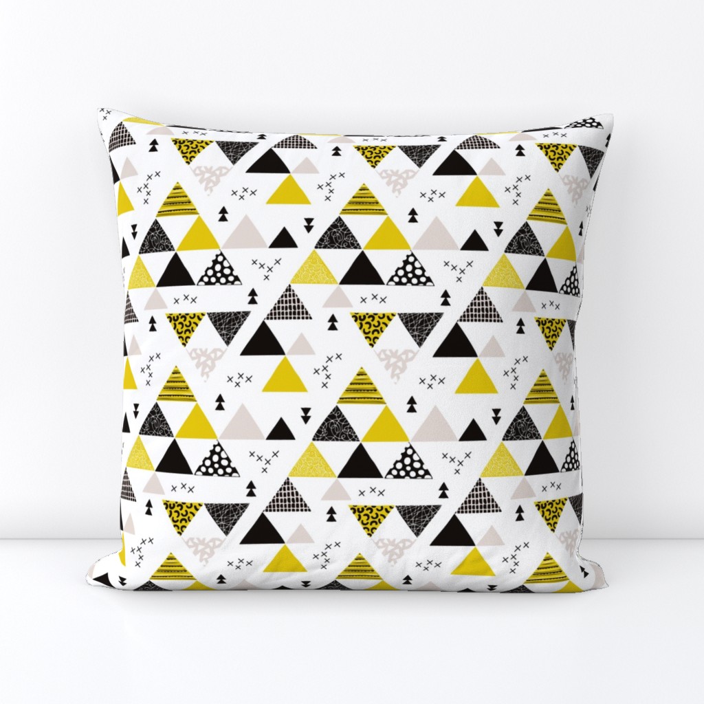Geometric pastel black and white triangle  abstract memphis style crosses and shapes ochre yellow