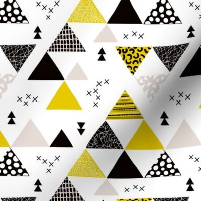 Geometric pastel black and white triangle  abstract memphis style crosses and shapes ochre yellow