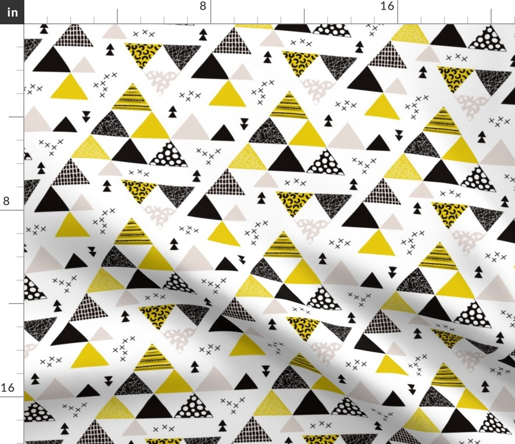 Geometric pastel black and white triangle  abstract memphis style crosses and shapes ochre yellow