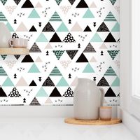 Geometric pastel black and white triangle  abstract memphis style crosses and shapes mint