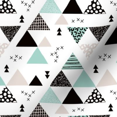 Geometric pastel black and white triangle  abstract memphis style crosses and shapes mint