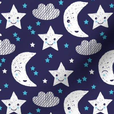 Soft stars good night clouds sweet dreams moon phase kawaii sparkle blue gender neutral
