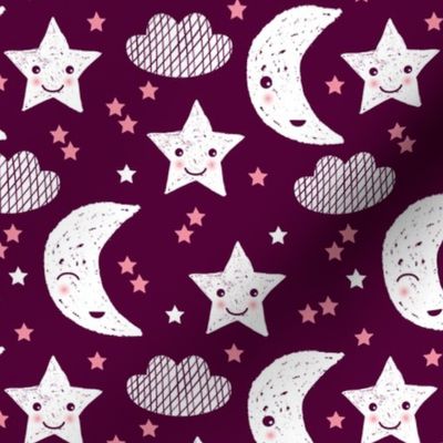 Soft stars good night clouds sweet dreams moon kawaii sparkle pink maroon purple