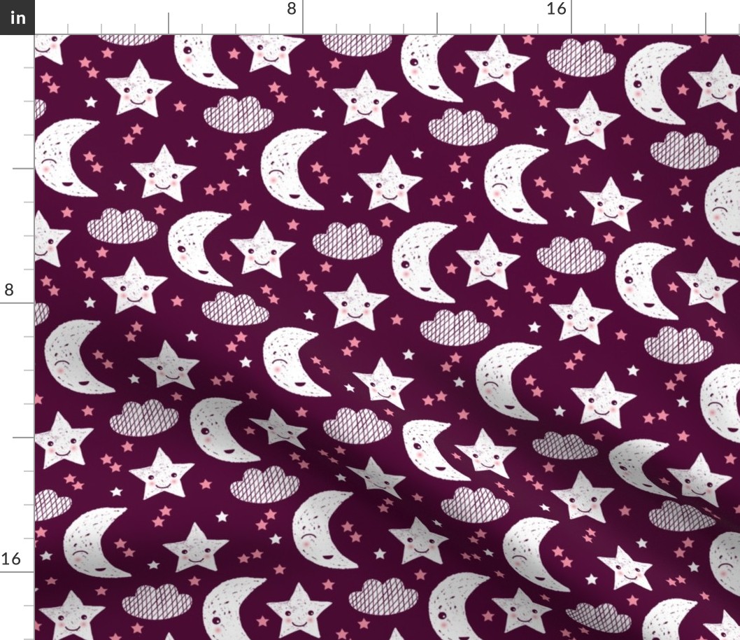 Soft stars good night clouds sweet dreams moon kawaii sparkle pink maroon purple