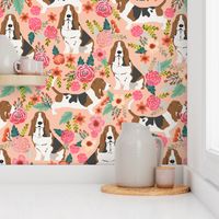 basset hound peach light pastel florals vintage style flowers painted florals pet dog dogs basset hounds fabric