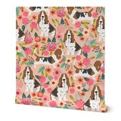 basset hound peach light pastel florals vintage style flowers painted florals pet dog dogs basset hounds fabric