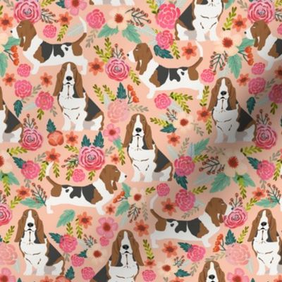 basset hound peach light pastel florals vintage style flowers painted florals pet dog dogs basset hounds fabric