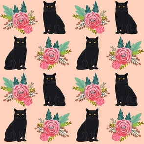 cute black cat vintage florals floral blossoms painted flower peach coral pink cute flowers for cat ladies fabric