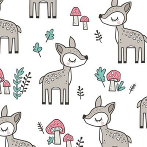 Sweet  Woodland Deer and Mushrooms Forest on White