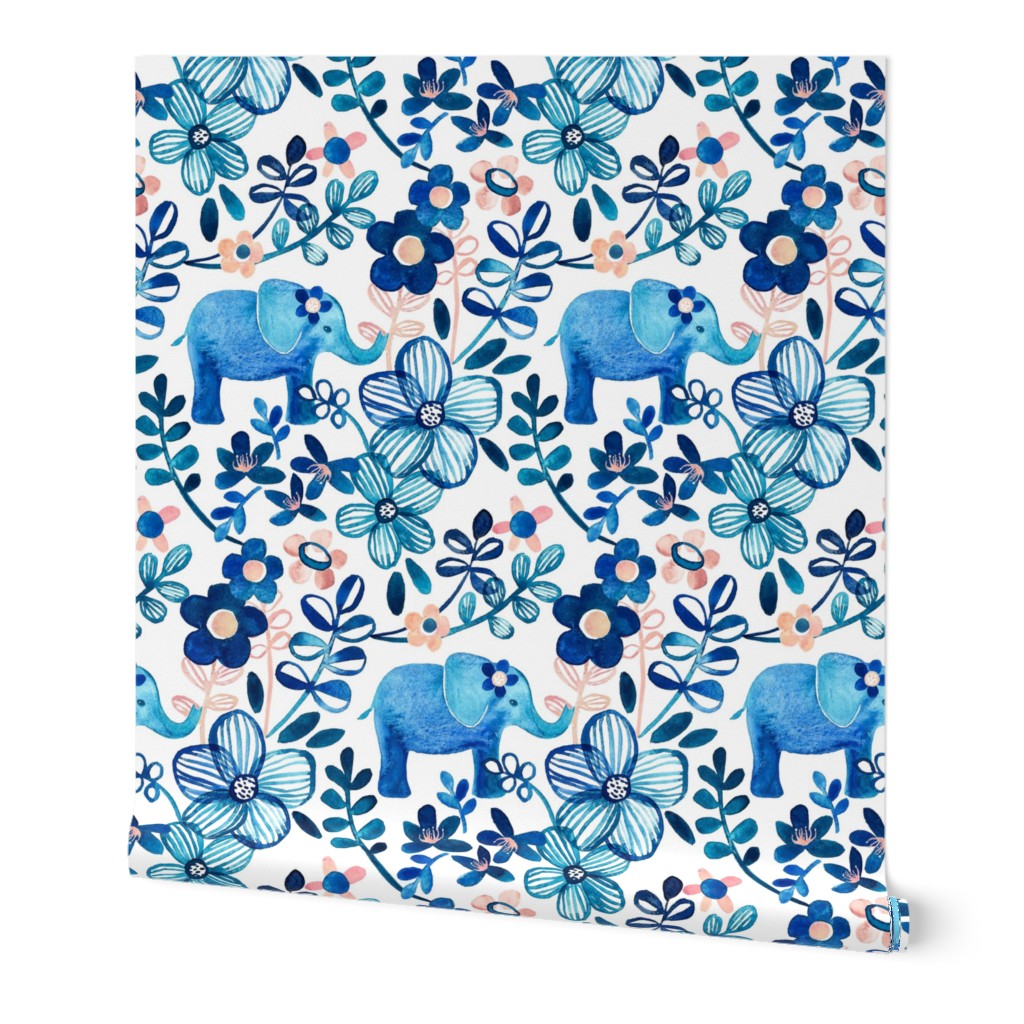 Little Blue Elephant Watercolor Floral on White