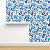 Little Blue Elephant Watercolor Floral on White