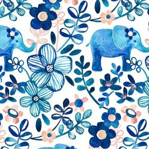 Little Blue Elephant Watercolor Floral on White