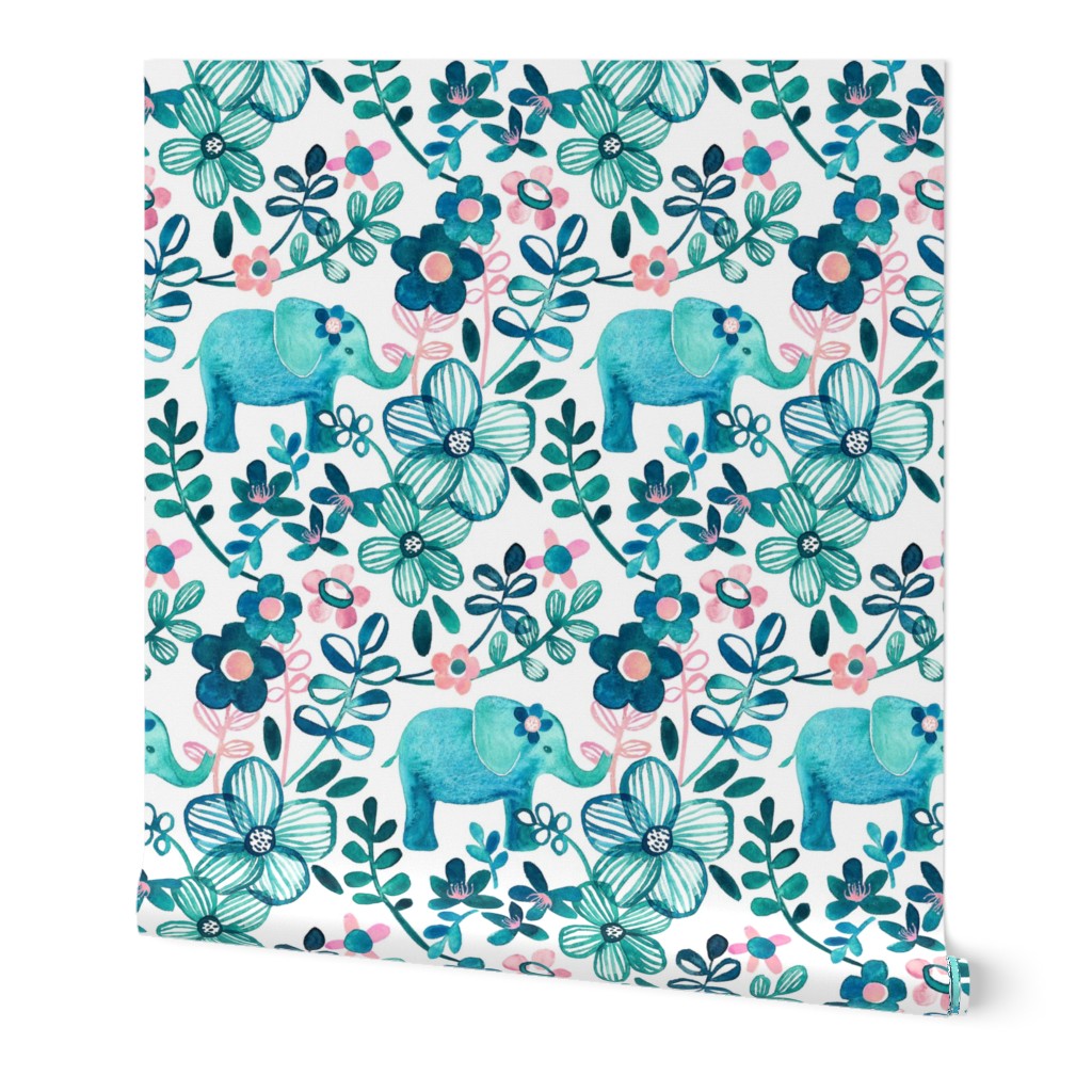 Little Teal Elephant Watercolor Floral on White