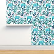 Little Teal Elephant Watercolor Floral on White