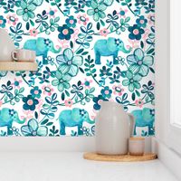 Little Teal Elephant Watercolor Floral on White