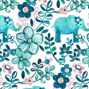 Little Teal Elephant Watercolor Floral on White