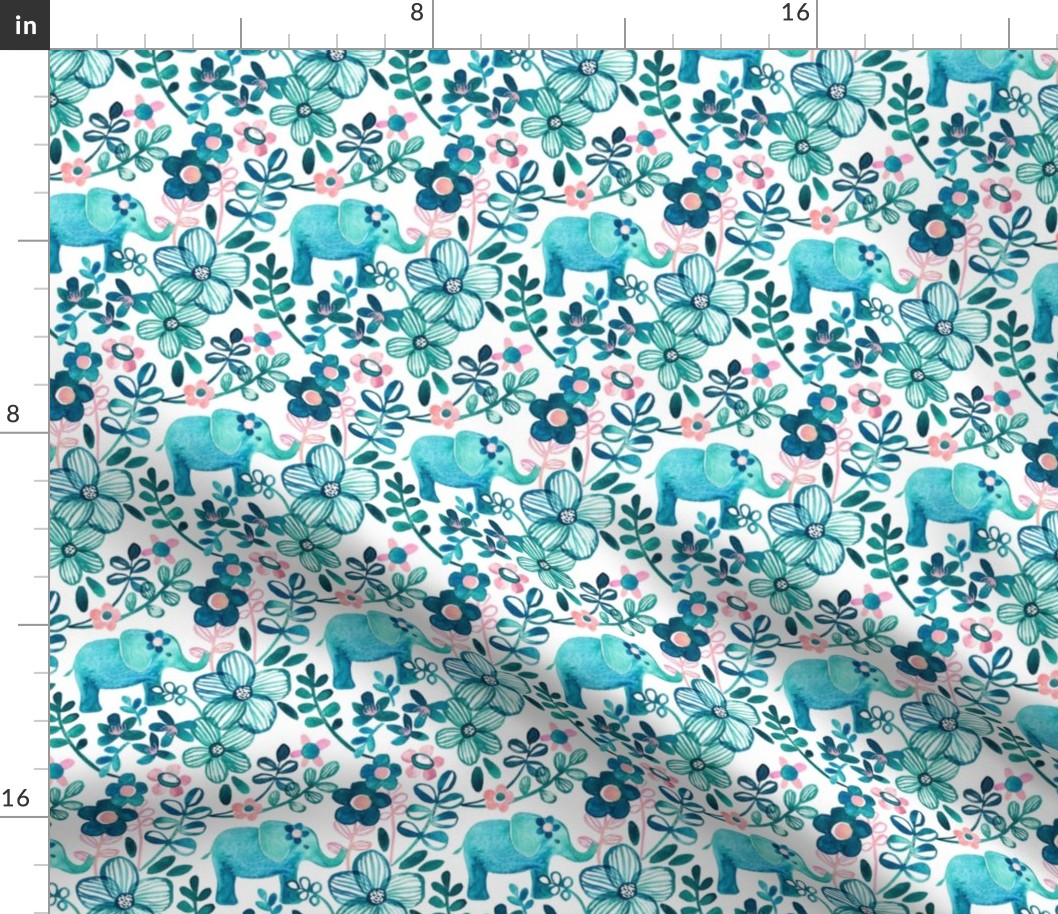 Little Teal Elephant Watercolor Floral on White