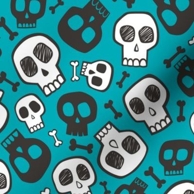 Skulls and Bones Halloween Black & White on Aqua Blue