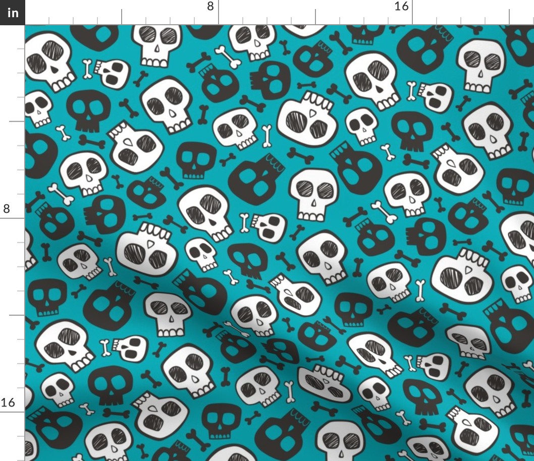 Skulls and Bones Halloween Black & White on Aqua Blue