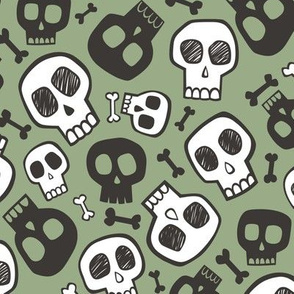 Skulls and Bones Halloween Black & White on Green