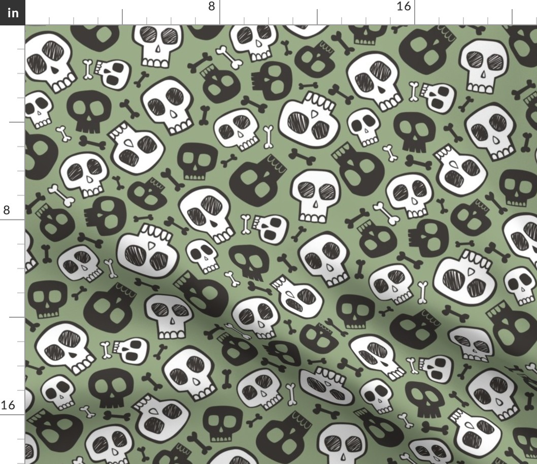 Skulls and Bones Halloween Black & White on Green