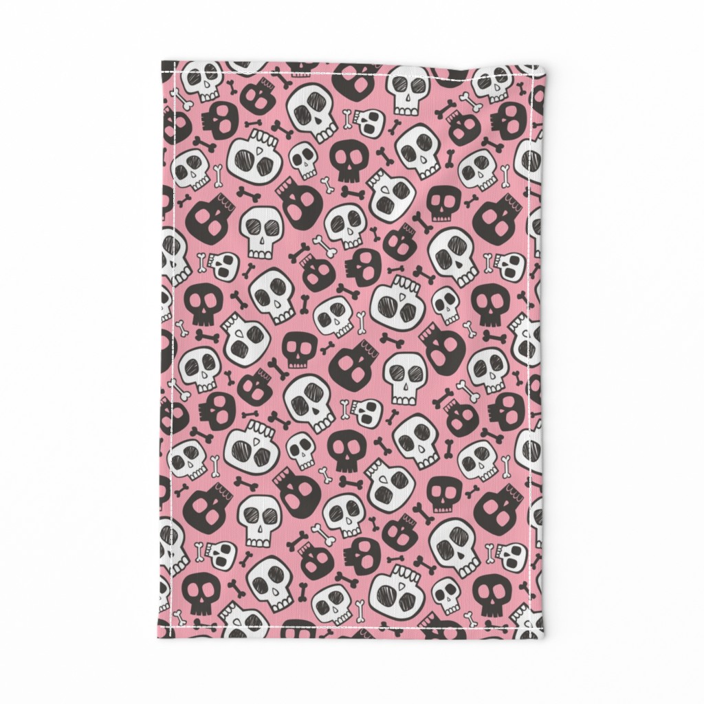 Skulls and Bones Halloween Black & White on Pink