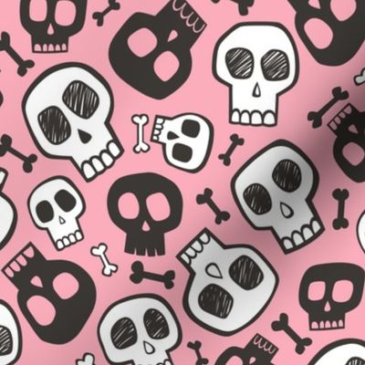 Skulls and Bones Halloween Black & White on Pink