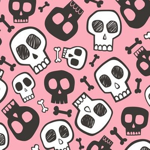 Skulls and Bones Halloween Black & White on Pink